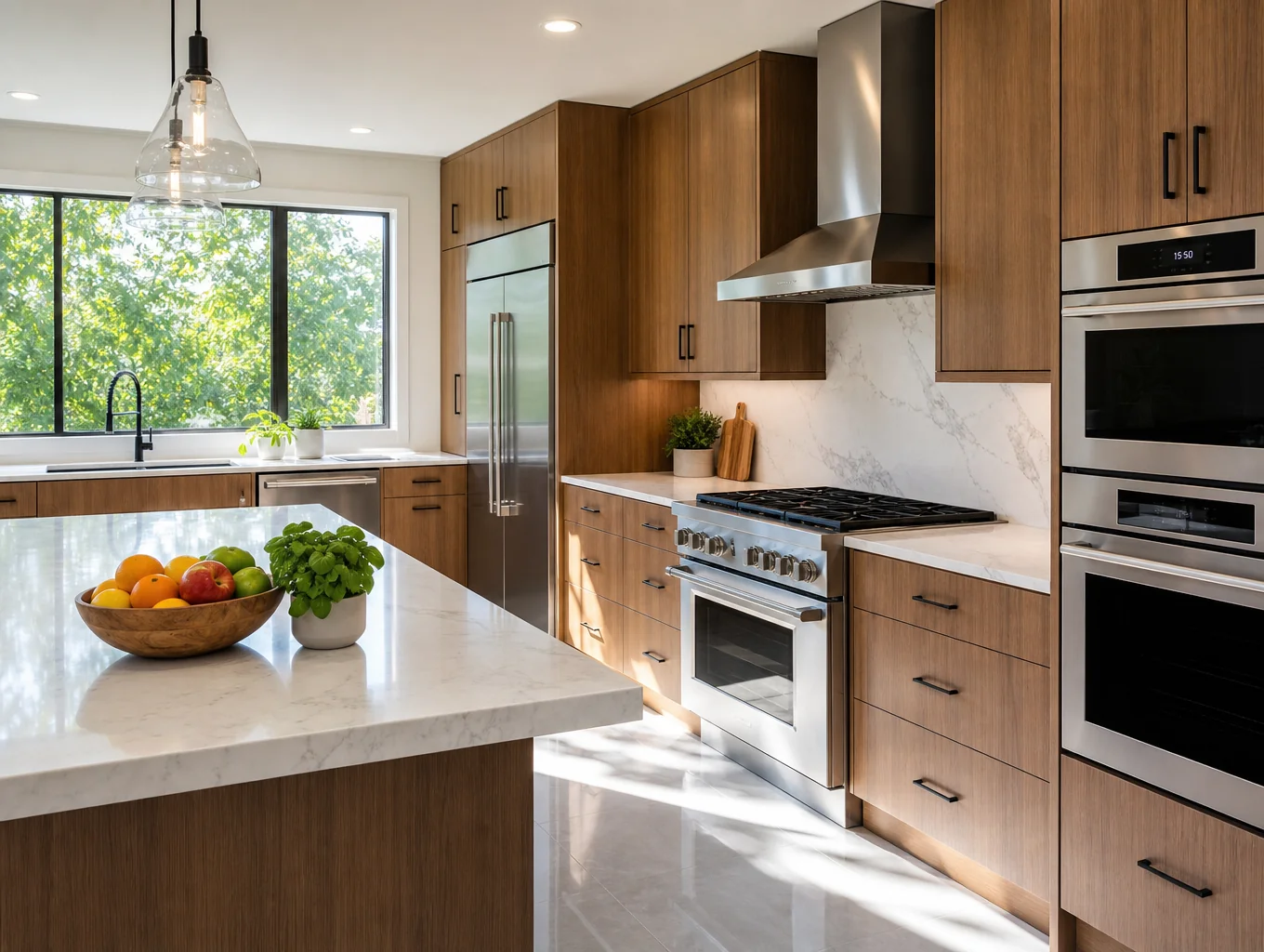 Pristine white condo kitchen with spotless marble countertops and stainless appliances