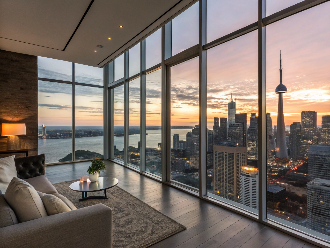 Spotless empty condo unit with floor-to-ceiling windows overlooking Toronto skyline