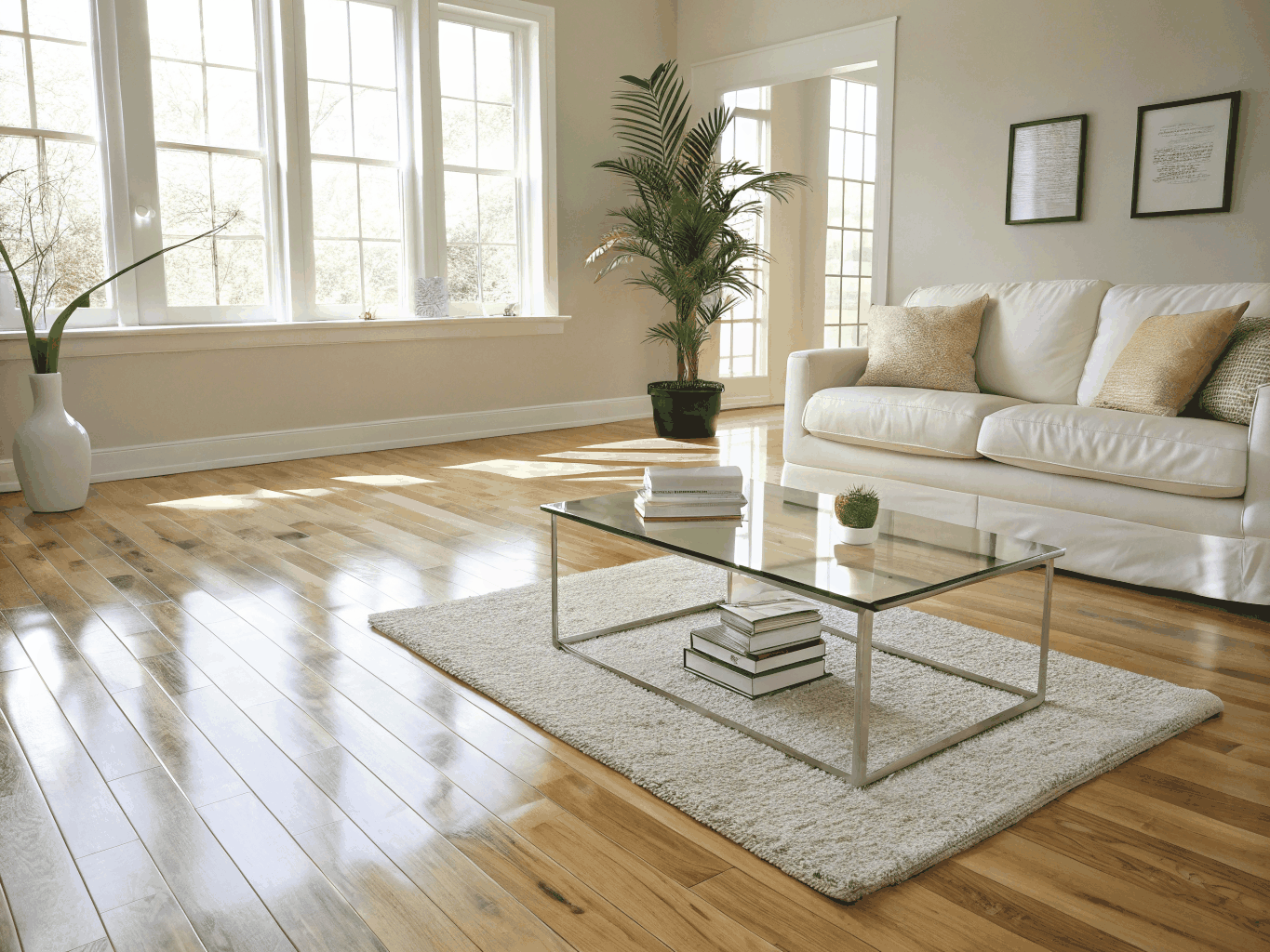 Bright sunlit Toronto living room with clean hardwood floors and polished surfaces